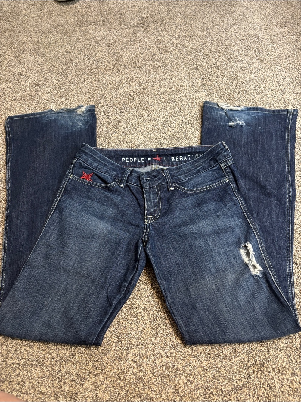 People's Liberation Indigo Blue Flare Jeans with Distressed Detail